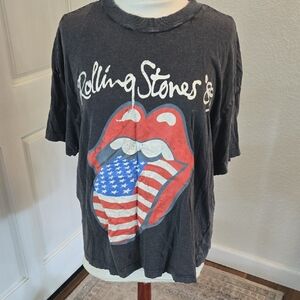 H&M Black Rolling Stones Graphic Tee with Red, White & Blue Flag Tongue